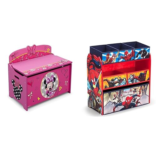Delta Children Caja de juguetes de lujo, Disney Minnie Mouse y organizador de juguetes multicompartimiento, Marvel Spider-Man