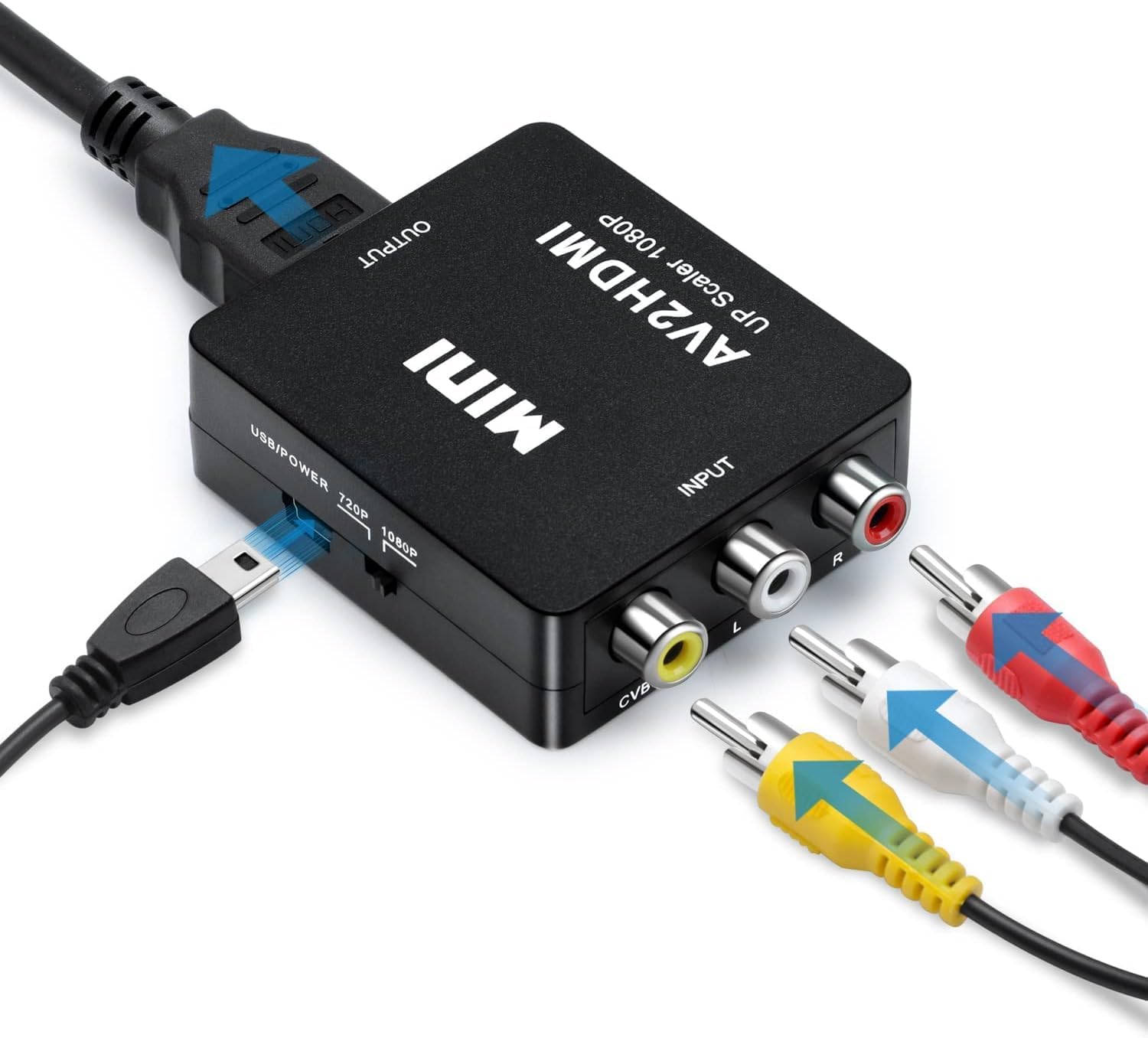 RCA to HDMI Adapter, 1080P AV RCA to HDMI Converter Composite CVBS Video Audio Converter Adapter for PS2 Wii Xbox SNES N64 VHS VCR Camera DVD, Supporting PAL/NTSC with USB Power Cable