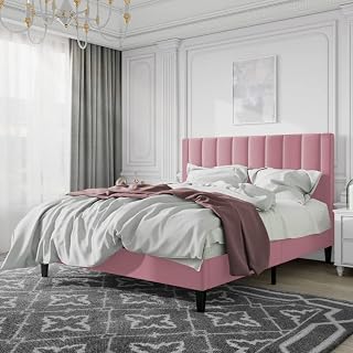 Queen Size Bed Without Mattress for Bedroom|Engineered Upholstered Platform Low Profile Queen Size Bed | Double Bed|Queen Size Bed Furniture (Pink,)
