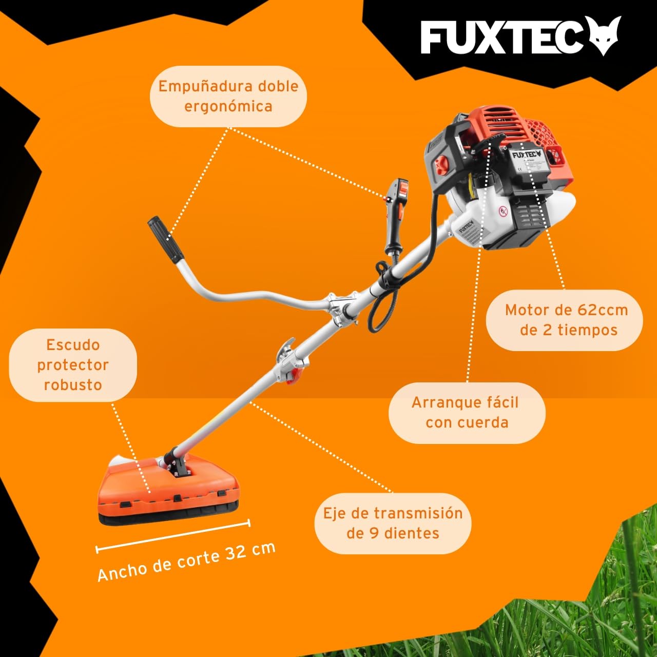 Desbrozadora Gasolina Multifunción Fuxtec FX-MS162 - con 62 CC, Multiherramienta 2 en 1, con 3 CV de Potencia y Motor de 2 Tiempos