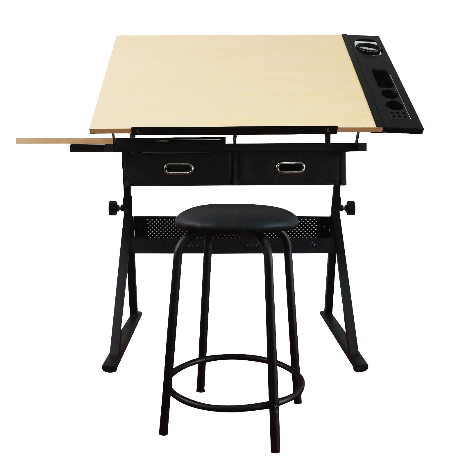 MIADOMODO® Tavolo da Disegno - Piano Inclinabile, Altezza Regolabile, con 2 Cassetti e Sgabello, Artistico, da Architetto - Scrivania da Disegno Tecnico