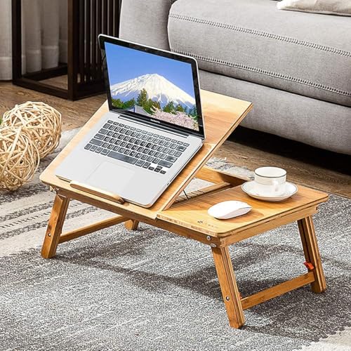 Image of Foldable Wooden Laptop Table for Bed & Sofa | Adjustable Laptop Desk with Tilt Top Cup Slot Drawer | Ergonomic Study Work Table for Home Office Reading Writing Use