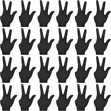 24 Pcs Black Billiard Three-Finger Ambidextrous Gloves for Men Women, Polyester Fabric Pool Snooker Cue Control Handwear, 3.15 x 8.26 in, Breathable Billiards Gloves