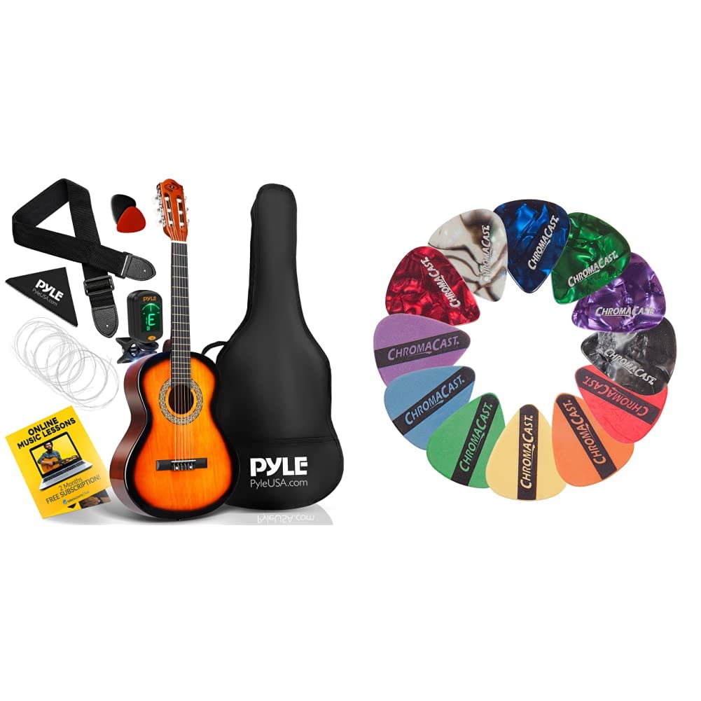 Photo 1 of Pyle Classical Acoustic Guitar 36 Inch Junior Size Beginner Starter Kit Steel & ChromaCast CC-SAMPLE Sampler Guitar Picks (12 count)