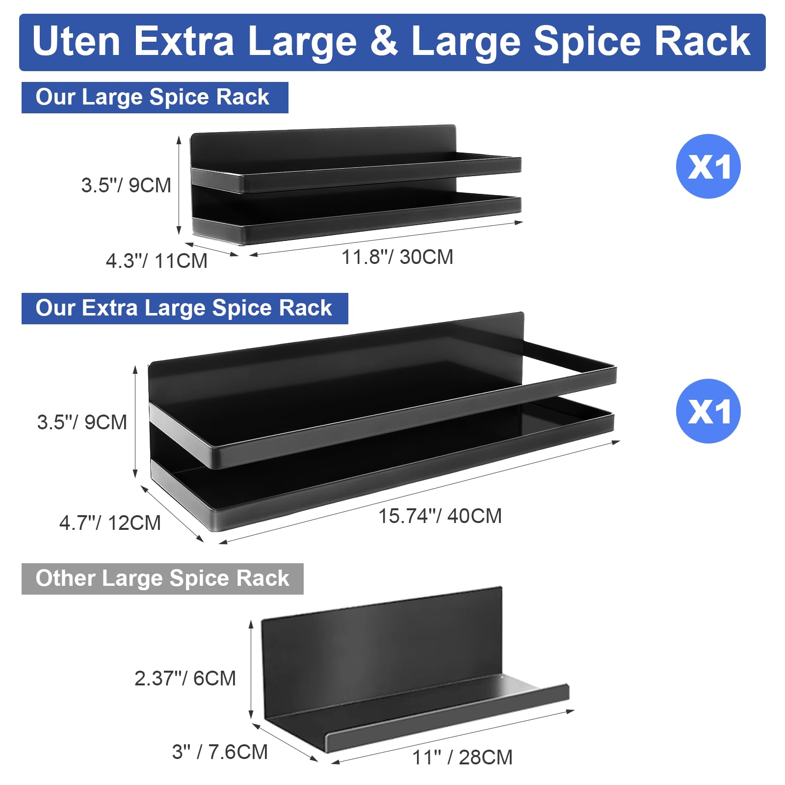 Uten Grande étagère à épices magnétique pour réfrigérateur, lot de 2 étagères magnétiques améliorées, étagère magnétique mobile pour la cuisine, contenir des épices, des bocaux, parfait pour