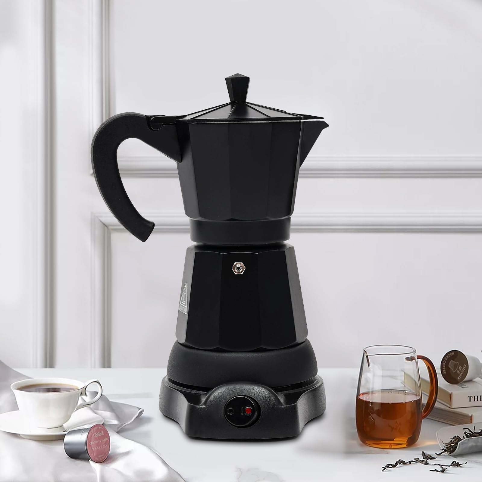 Cafetera eléctrica de 300 ml, cafetera espresso de 6 tazas con válvula de seguridad, cafetera, jarra para el hogar, oficina, camping, color negro