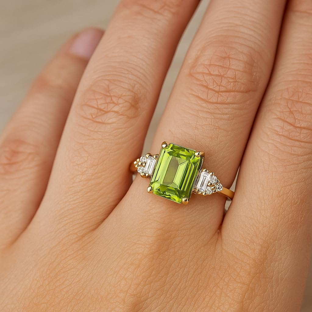 Emerald Cut Peridot Engagement Ring for Women 14K Yellow Gold Baguette Diamond Side Stone Ring Vibrant Green Gemstone Bridal Jewelry Gift