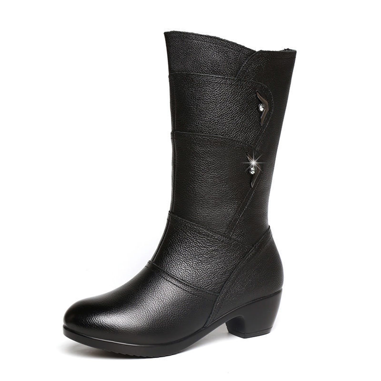 Womens Mid-Calf Black Leather Boots Fall Winter Comfort Waterproof Non-Slip Low Block Side Zip Casual Dress Booties