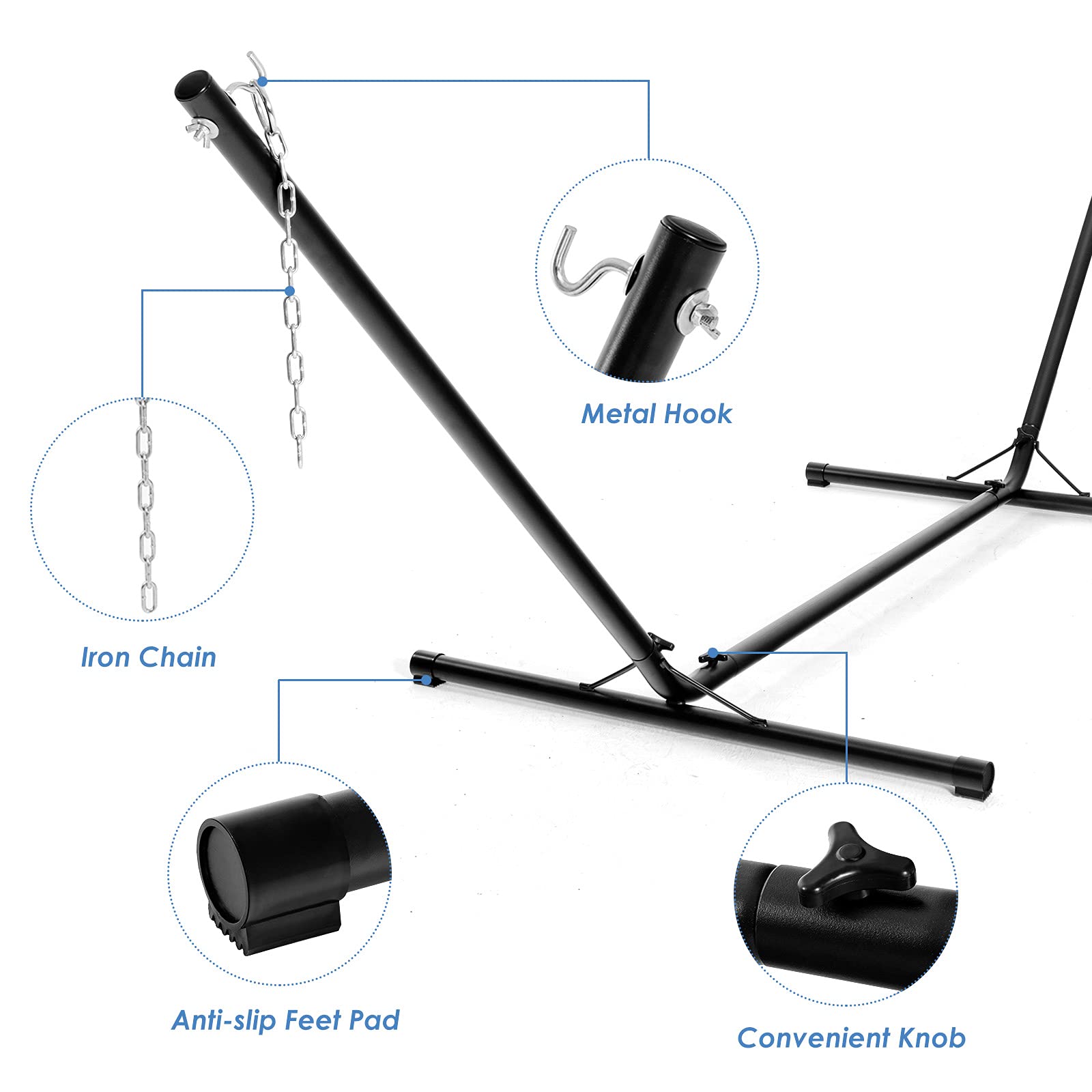 KOMFOTTEU Telaio per Amaca Sospesa, Telaio in Ferro con Gancio e Catene in Ferro, Supporto per Seggiolino Sospeso Sicuro, Carico Massimo 150 kg, Base H per Poltrona Sospesa in Interni, Patio, Giardino