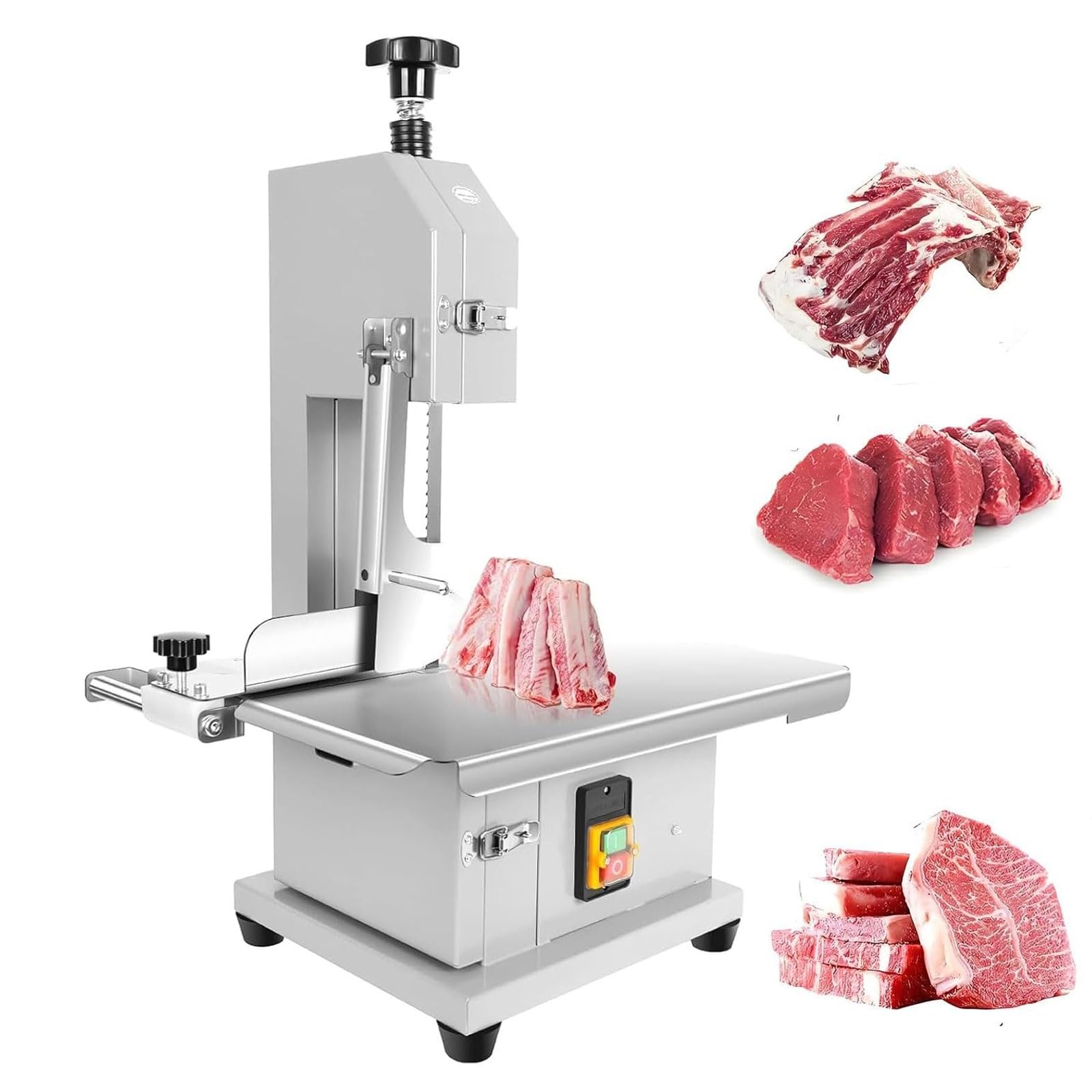 Qyoegsq One Color Electric Bone Saw Machine,1100W Commercial Tabletop Meat Bandsaw Meat Cutting Machine,Countertop Bone Meat Cutter With 2 Blades,0.04-4In Cutting Thickness, 0.04-8In Height,For Frozen Saw