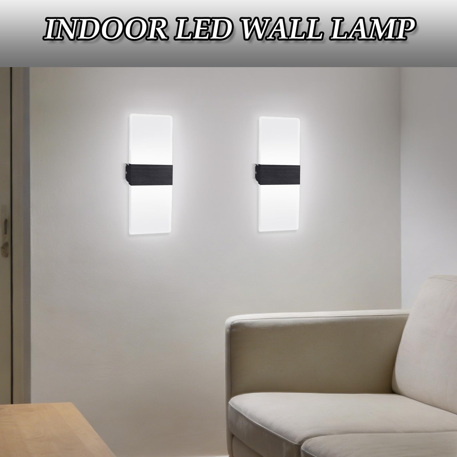 Applique Murale Intérieure LED 12W Blanc Froid Luminaire Mural Salon | JaneYi 6500K Noir Lampe Murale Interieur Moderne en Acrylique Métal Éclairage Haut et Bas pour Couloir Escalier Chambre