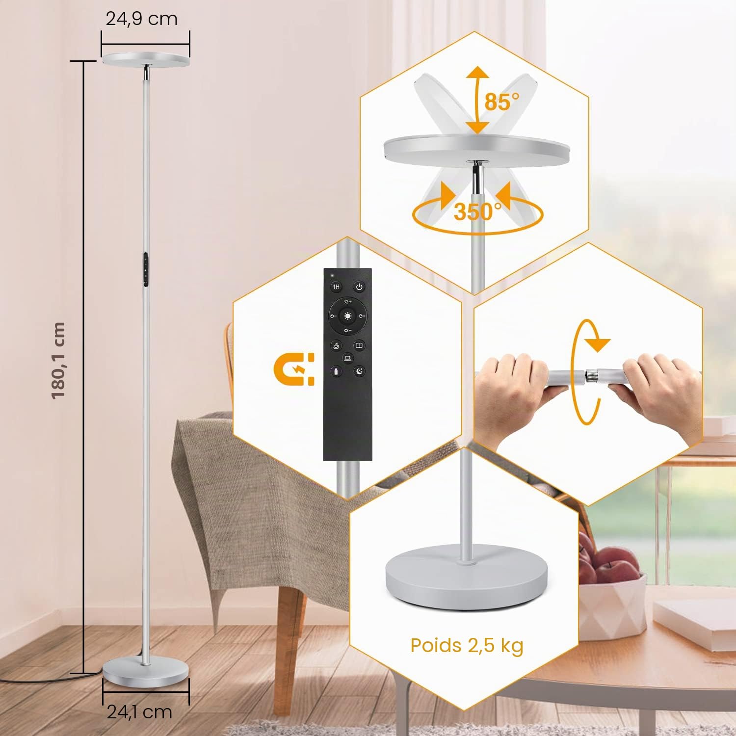 OUTON Lampadaire LED Dimmable 30W/3000LM, Super Lumineux Lampe sur Pied avec Télécommande et Contrôle Tactile, Minuterie 1-Heure, 3000-6000K, Haut Lampadaire sur Pied Salon, Chambre et Bureau