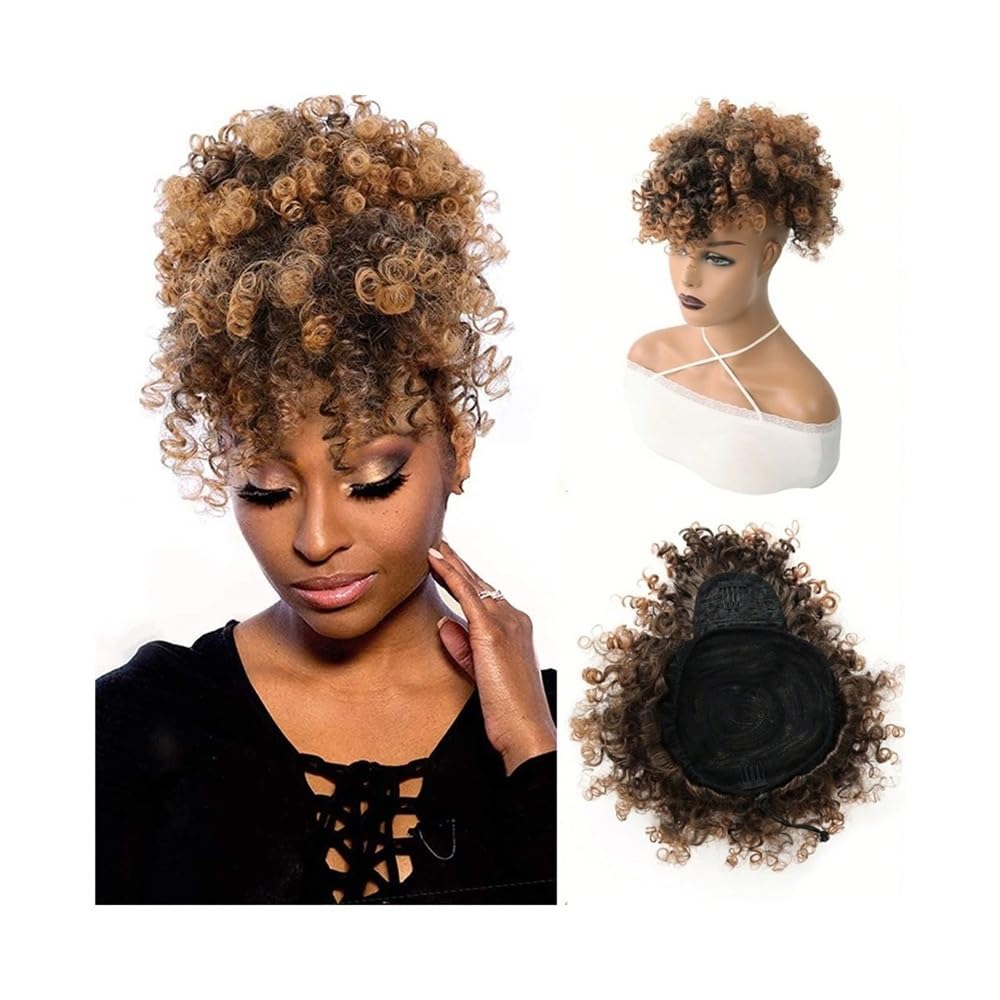 Hair Bun Afro Puff Drawstring Ponytail with Bangs Kinky Curly Hair Bun Hairpiece Pineapple Updo Hair for Black Women Scrunchies(1BTBurg)