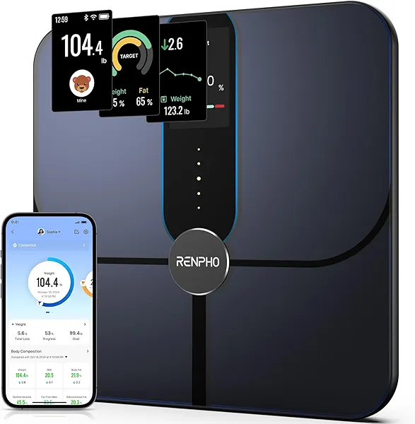 RENPHO Smart Scale for Body Weight Fat, Digital Bathroom Scale with Color Display, Wi-Fi & Bluetooth Fitness Equipment for BMI Muscle Mass Composition, Rechargeable, Elis Nova