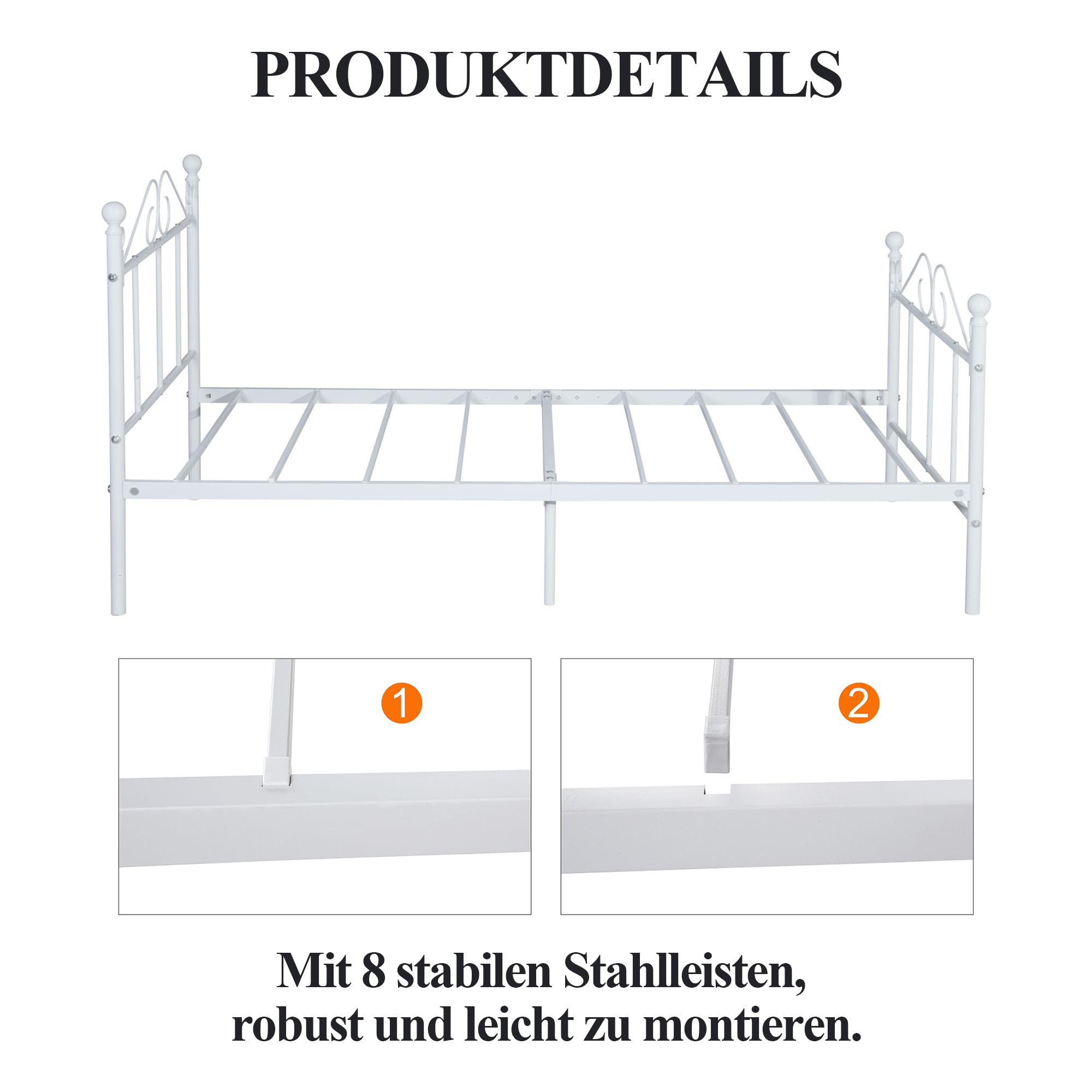 Single Bed Einzelbett Metallbett Bettrahmen Bettgestell für 90x190CM Matratze, Metall Bodenbett Schlafzimmer Bett mit Kopfteil Geeignet für Gästebett Jugendbett Seniorenbetten/Weiss/Stil A