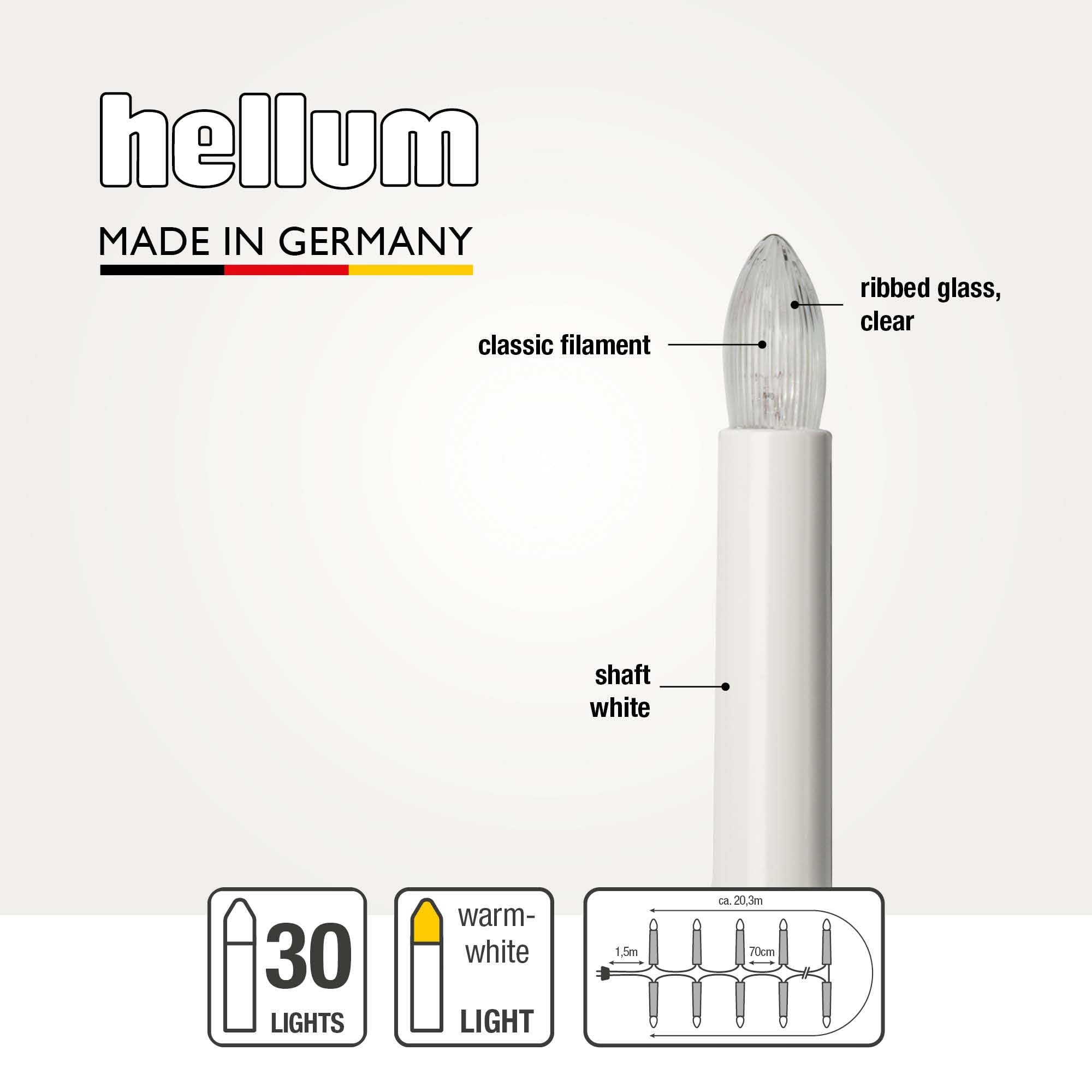 Hellum guirlande sapin, Made in Germany, bougies cannelées clip, 30 lumières, longueur éclairée 20,3 m, câble vert, blanc chaud, tige blanche, intérieur, prise séparée, pas LED <59lm 813012