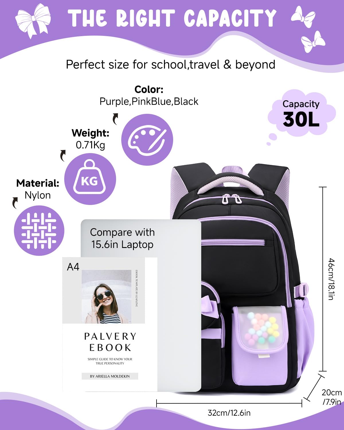 Amythe Cartable Fille Collège et Primaire, Sac à Dos Scolaire Adolescentes Léger Imperméable, Grand Sac D'école Fille pour Portable 15.6", Compatible Chariot,10-18 Ans -Violet
