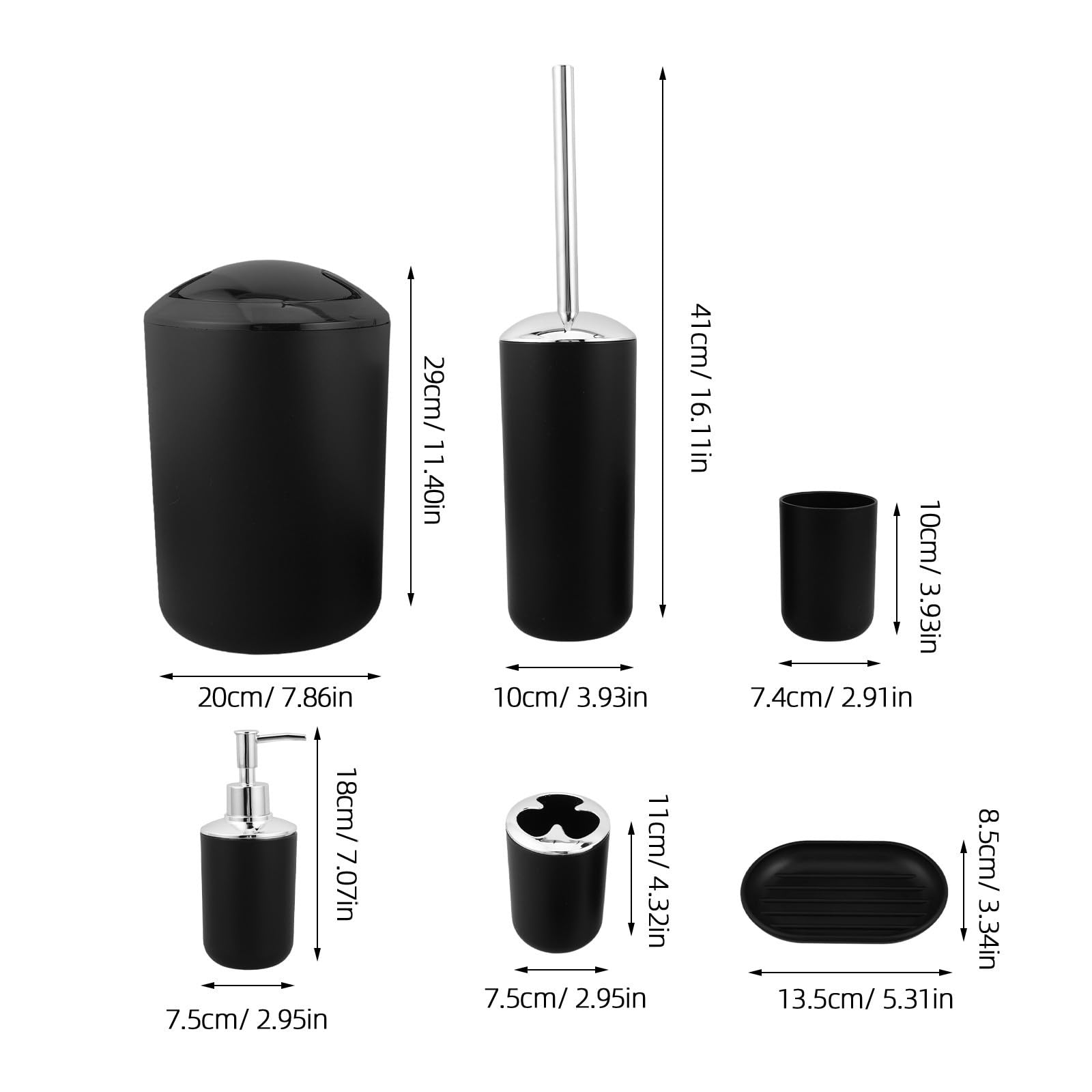 Set de Accesorios de Baño Negro de 6 Piezas con Dispensador de Jabón, Soporte para Cepillo de Dientes y Escobilla, Diseño Elegante y Material Plástico para Baño