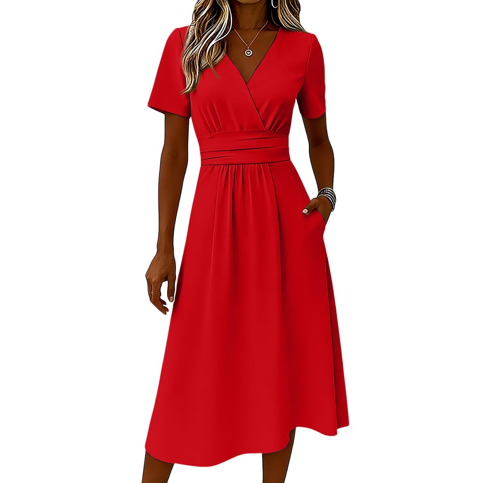 Generico Robe d'été pour femme - Robe d'été à manches courtes - Robe mi-longue décontractée - Taille haute - Col en V - Couleur unie - Élégante robe de style bohème pour les vacances