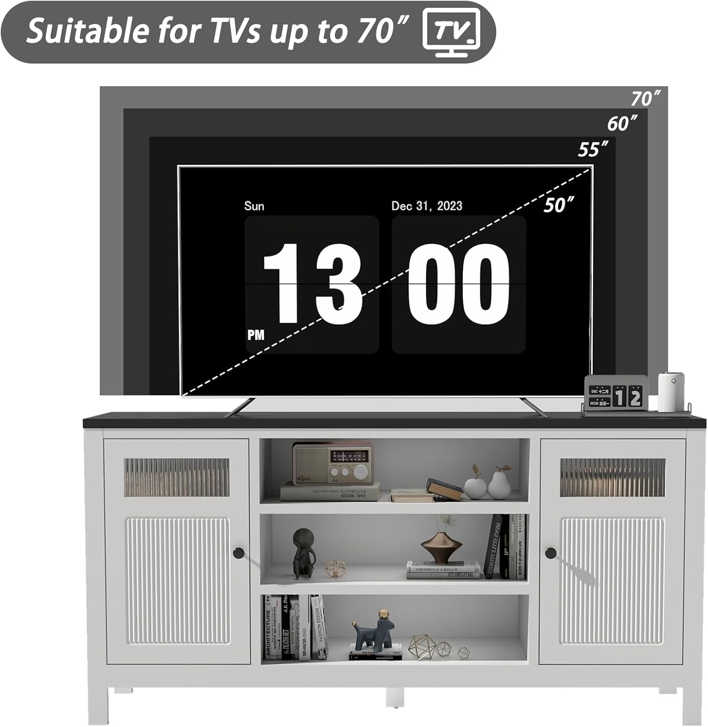 Modern TV Stand with Storage: 63" White Entertainment Center for TVs Up to 70 Inch, Wood TV Consoles for Living Room, Large Media Console Cabinet with 2 Doors