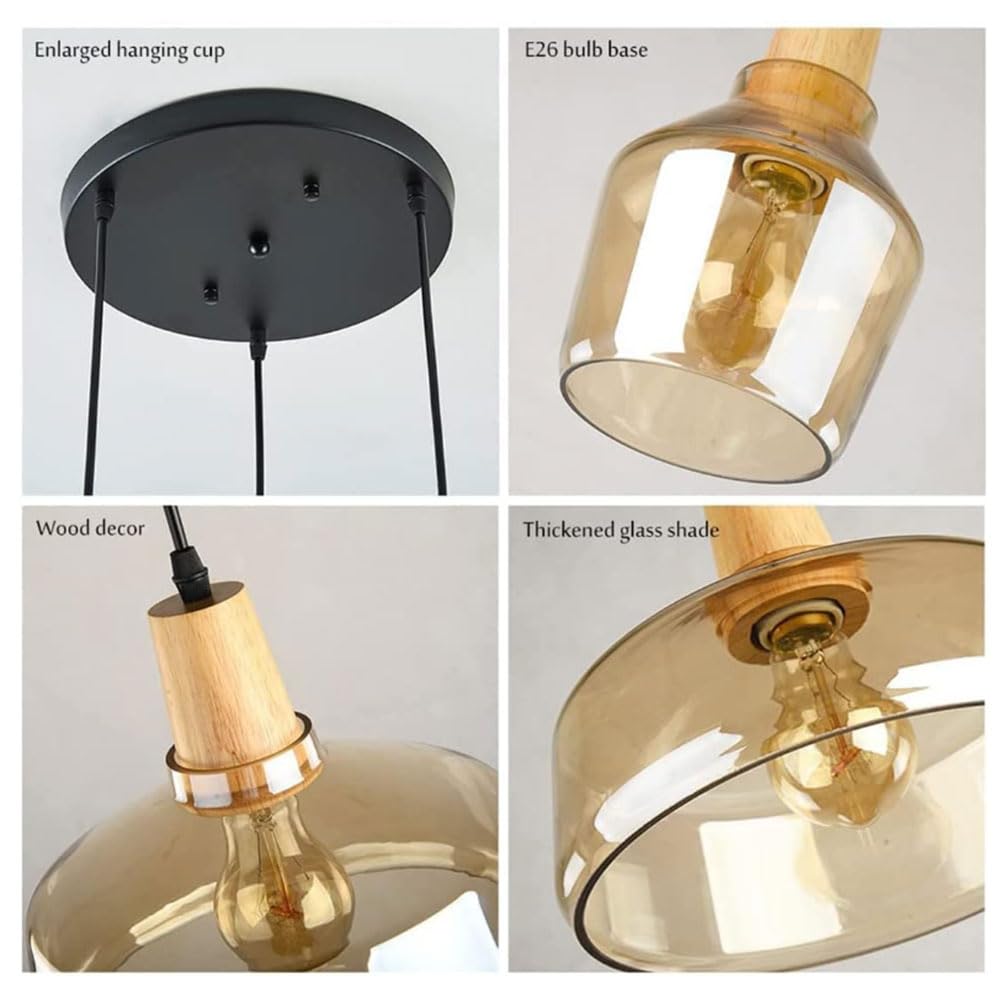 Lámpara colgante de 3 luces, lámpara de techo E26 de cristal ámbar nórdico, montaje empotrado para comedor sobre mesa, iluminación de vestíbulo de madera, luces colgantes para iluminación de isla de