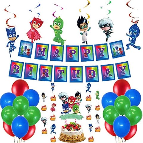 Masked Theme Party Supplies 62pcs - Including Happy Birthday Banner, Birthday Balloons, Cupcake Toppers, Masked Man Hanging Swirl Party Decorations Party Masked Decorations Kit Cover