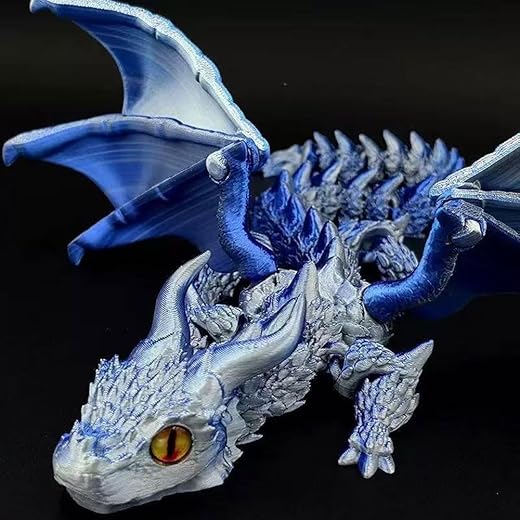 11.8 Inch 3D Printed Blue Silver Dragon with Wings Collectible Figurine for Home Office Executive Desk Decor