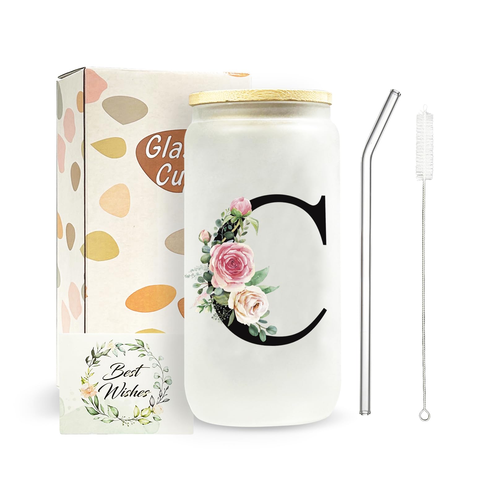 Personalized Gifts for Women,16 oz Custom Mug, Monogrammed Initial Glass Cups with Lids and Straws, Cute Glass Coffee Tumbler, Personalized Gifts for Christmas, Birthday (C)