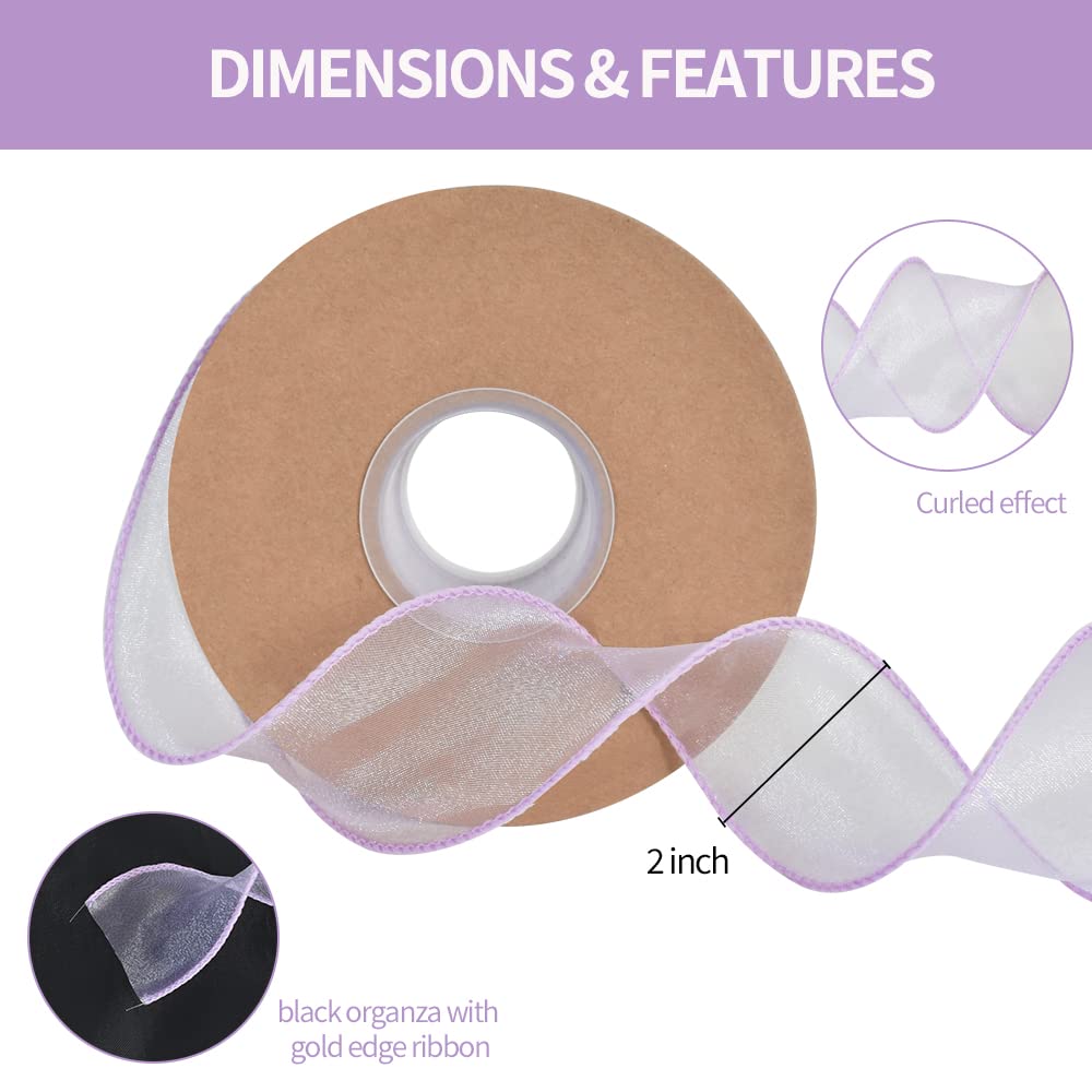 TONIFUL 1-1/2 Inch Wide Light Purple Violet Wired Chiffon Ribbon Sheer Organza Ribbons for Crafts Floral Bouquets Wedding Car Party Decorations Valentine's Day Gift Wrapping Bow Making Tree Wreaths - Image 2