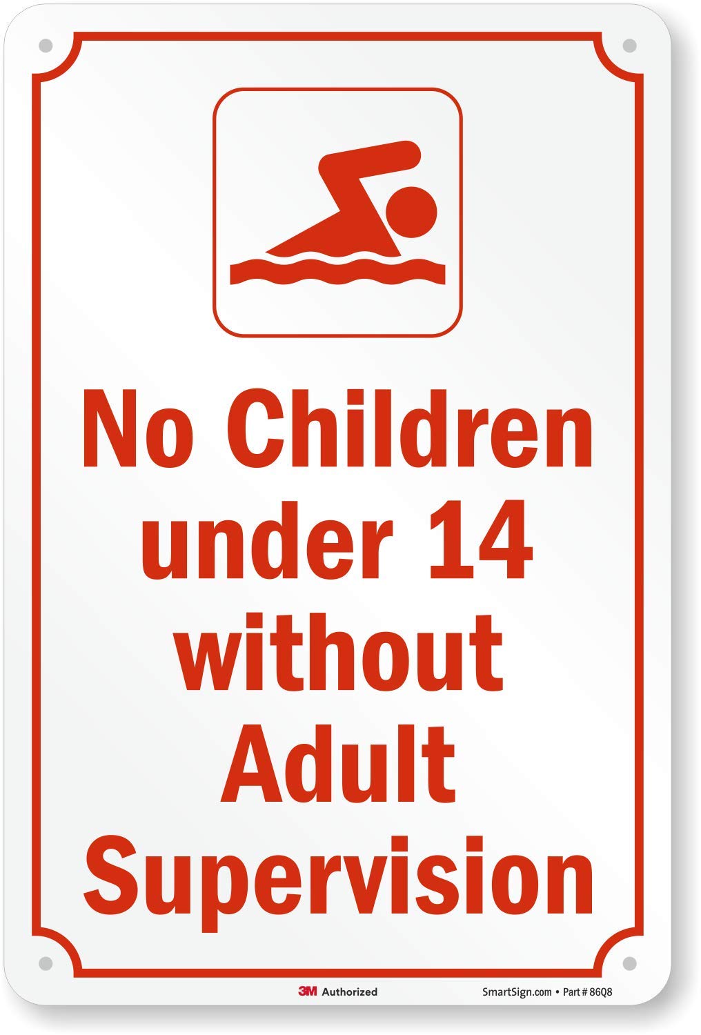 SmartSign 18 x 12 inch “No Children Under 14 Without Adult Supervision” Metal Sign, 63 mil Aluminum, 3M Laminated Engineer Grade Reflective Material, Red and White