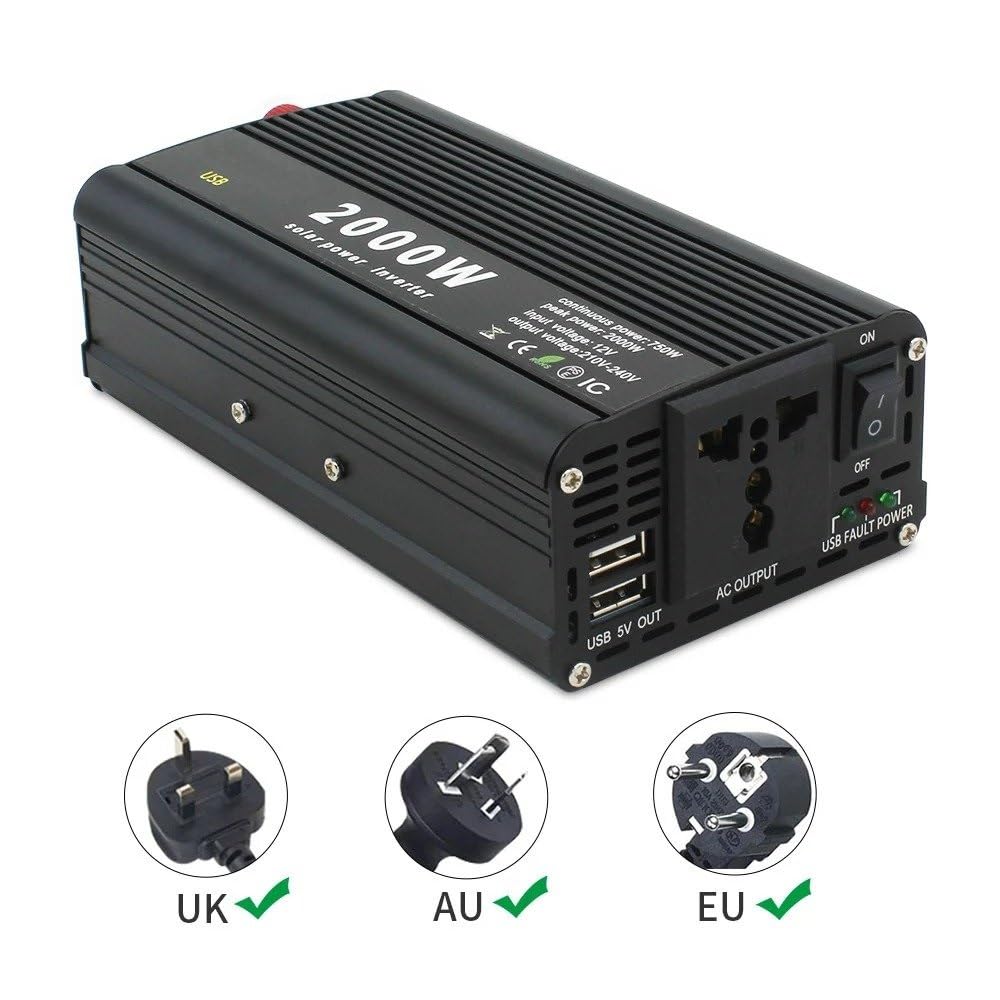 Inverter Convertitore Nero Rosso Argento Dual USB 2000W Portatile Inverter Caricabatterie Convertitore Adattatore DC 12V/24V A AC 220V 230V Presa Universale(12V 220V Red)