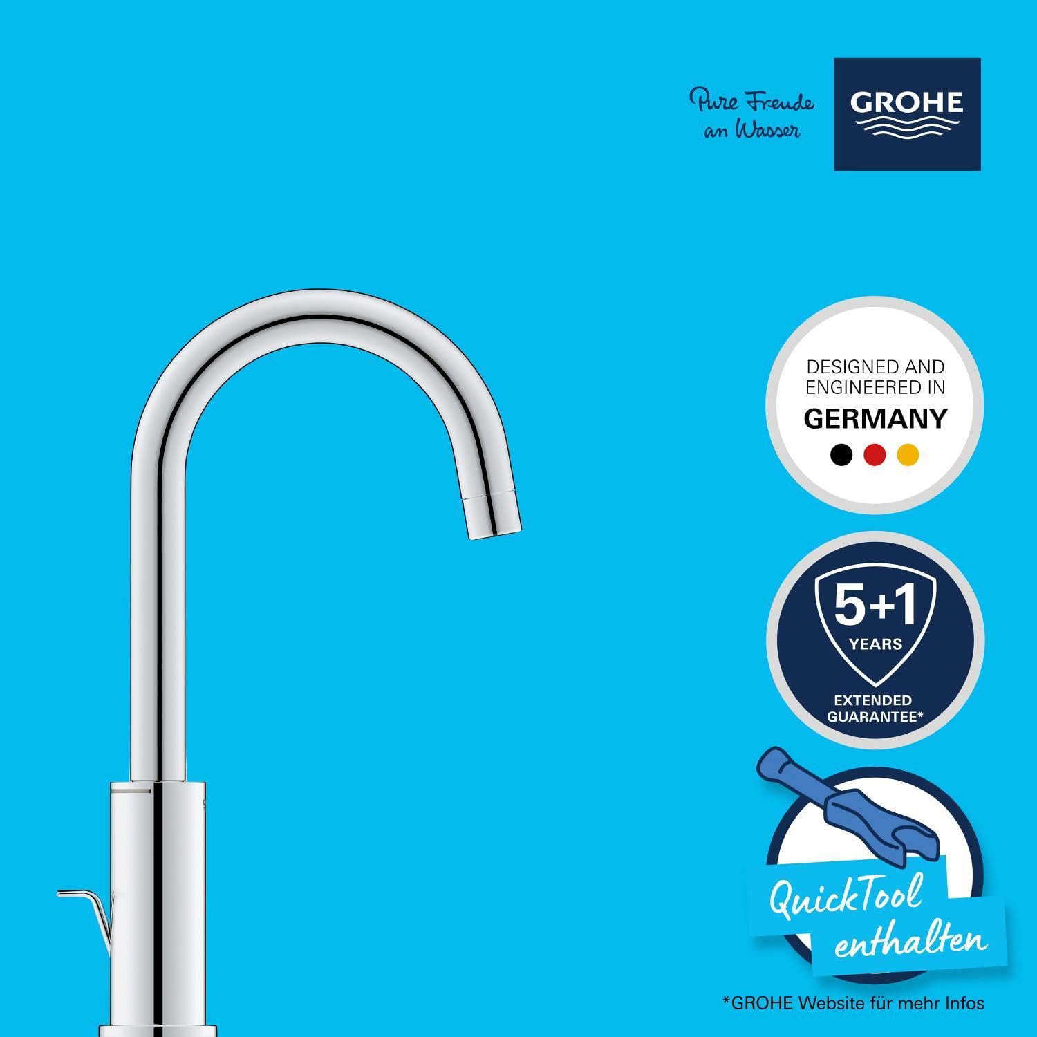 GROHE Start, Waschtischarmatur hoch, wassersparend (Wasserhahn für das Bad, Badarmatur mit Zugstangen-Ablauf, 31cm hoch, mit 3in1 Werkzeug, einfache Installation am Waschbecken), chrom, 24203002