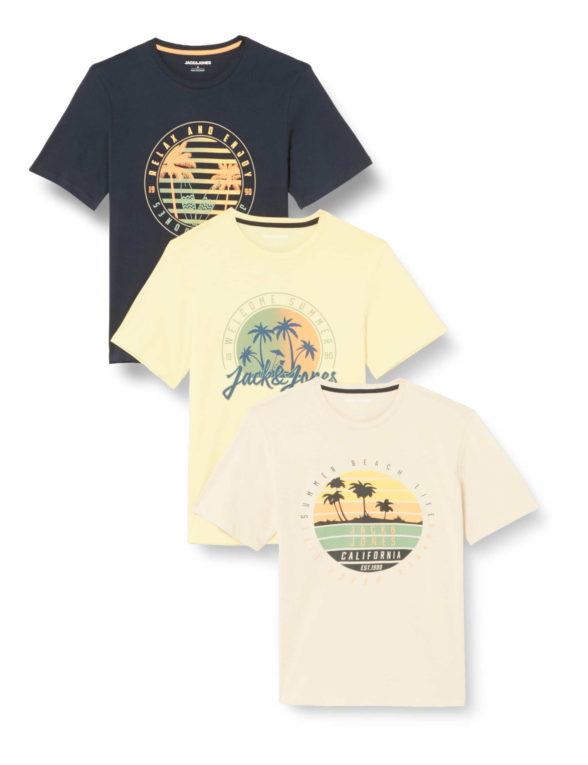 Jack & Jones JJSUMMER Vibe tee SS Crew Neck 3PK MP, Camiseta Hombre, French Vanilla/Pack:W. Navy Blazer+Moonbeam,