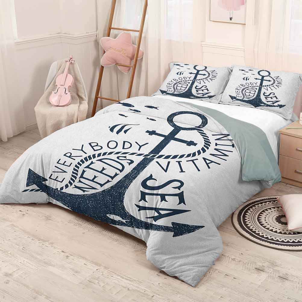prunushome Anchor 3-Piece Quilt Set Hand Drawn Everybody Needs Vitamin Sea Quote Monochrome Fish Silhouette Printing Bedclothes Decor Dark Blue and White 80x90in/20x30inx2