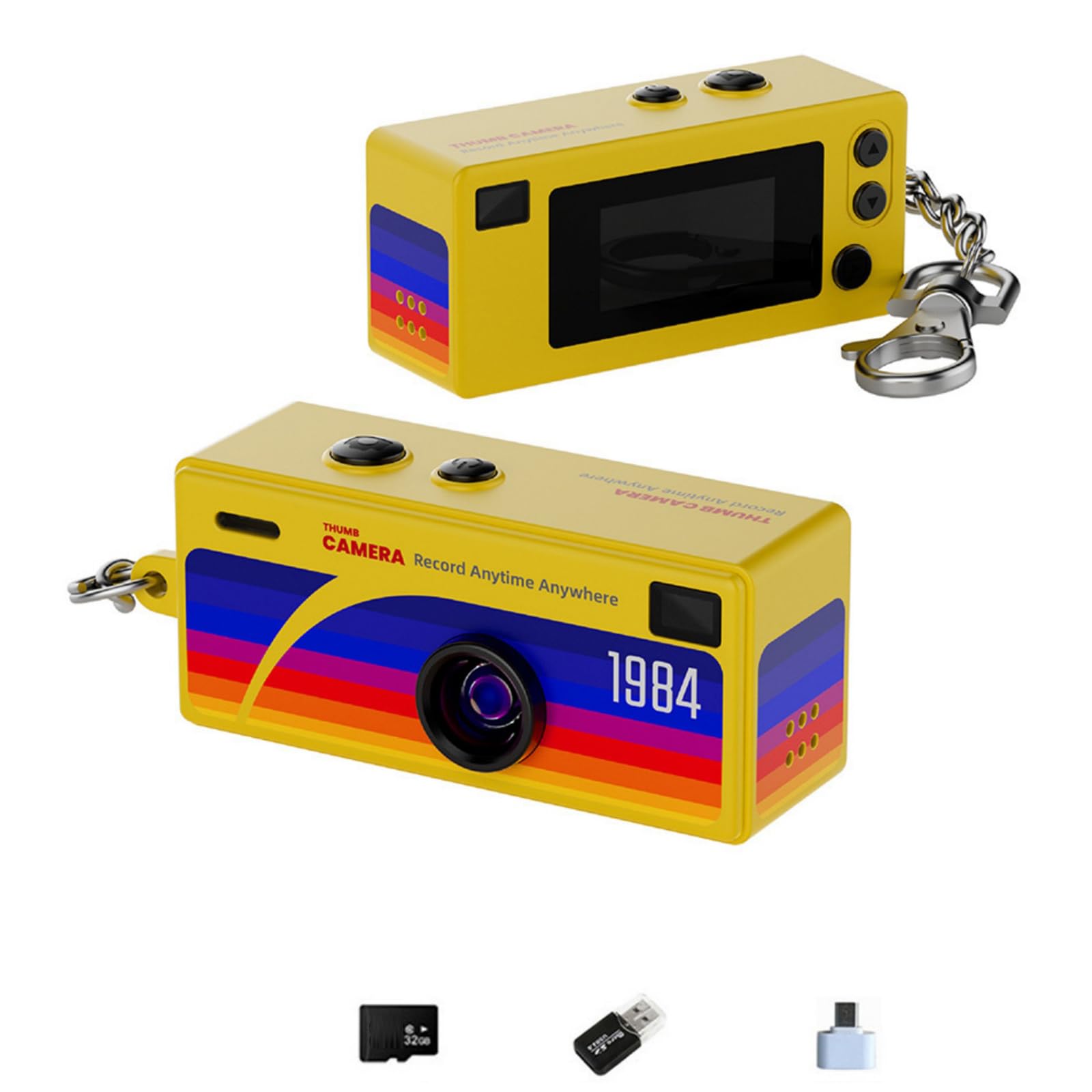 Mini Appareil Photo Numérique Porte-Clés, Caméras Vidéo Compactes avec Carte TF 32 G, Mini Caméra Rétro Porte-Clés, USB-C, Idéal pour Voyages, Vlogging, Divertissement (Jaune)