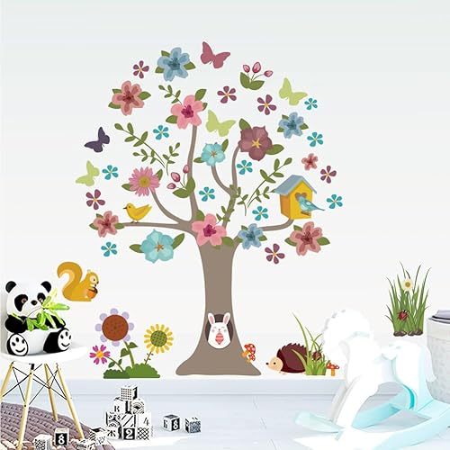 Miniatura 3 de Calcomanías de pared de animales de árbol, calcomanías de pared de acuarela con flores de cerezo para niños, calcomanías de pared extraíbles para