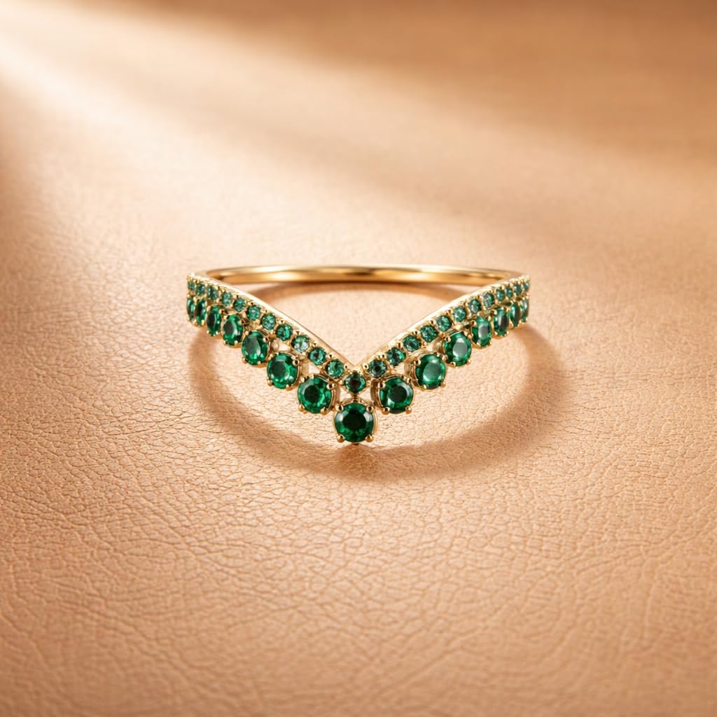 14K Yellow Gold Emerald Chevron Ring for Women Dainty V-Shaped Wishbone Band Curved Stackable Wedding Ring with Green Gemstones Minimalist Enhancer May Birthstone Gift