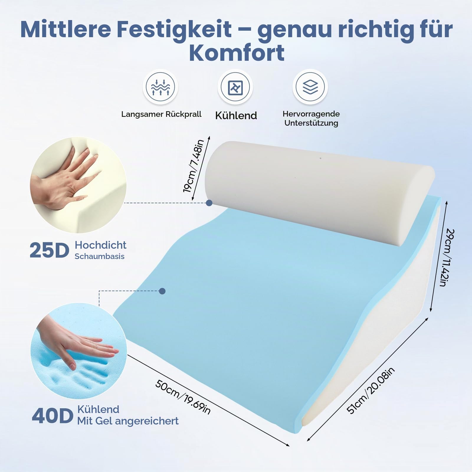Lesekissen für Bett und Sofa, Gebogenes Keilkissen Bett mit Memory-Schaum, Ergonomisches Rückenlehne Kopfkissen, Reflux Kissen, Waschbare Hülle, Reflux Kissen Erwachsene，50 * 50 * 30cm