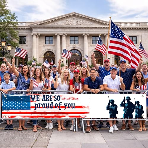 Image of BlissYard Patriotic Banner We Are So Proud of You Banner for Outside American Flag Military Banner 118 x 20 Inch 4th of July Welcome Home Veterans Decorations for Yard Fence Porch