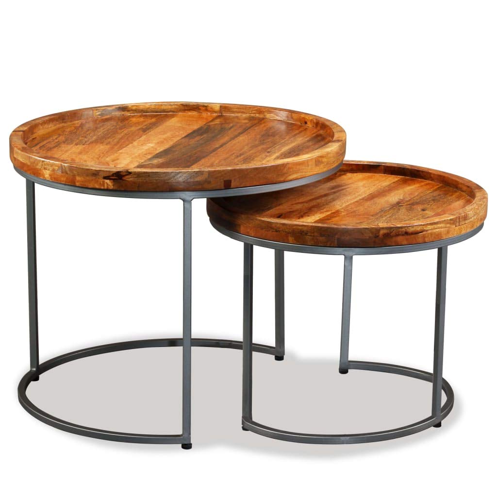 Juego de 2 mesas auxiliares de madera maciza de mango con patas de hierro, 55 x 45 cm y 45 x 38 cm, como mesa de café, mesa de sofá, mesa de almacenamiento en el salón
