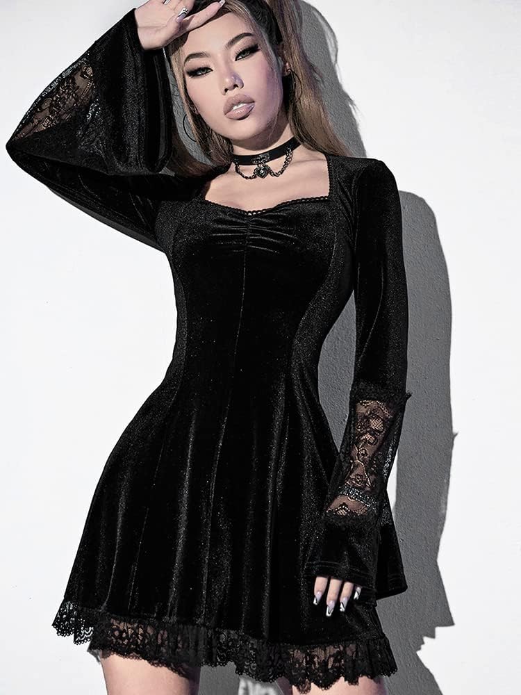 Women Gothic Dress,Flare Sleeve Velvet Dress Black Lace Goth Vintage Dresses Clothes - Image 5