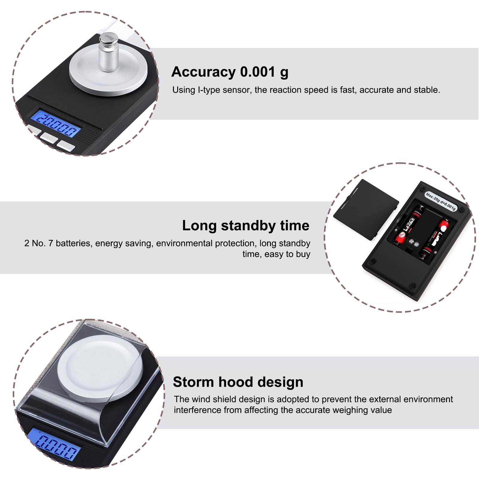 0.001g/50G - Báscula digital electrónica con pantalla LCD, miligramo de alta precisión con pesos de calibración, mini báscula de gramo de alta precisión para pesar polvos, joyas y medicamentos