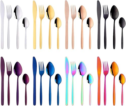 Miniatura 2 de BuyGo - Juego de cubiertos de 32 piezas para 8, de acero inoxidable, multicolor, para campamento, pulido a mano, apto para lavavajillas