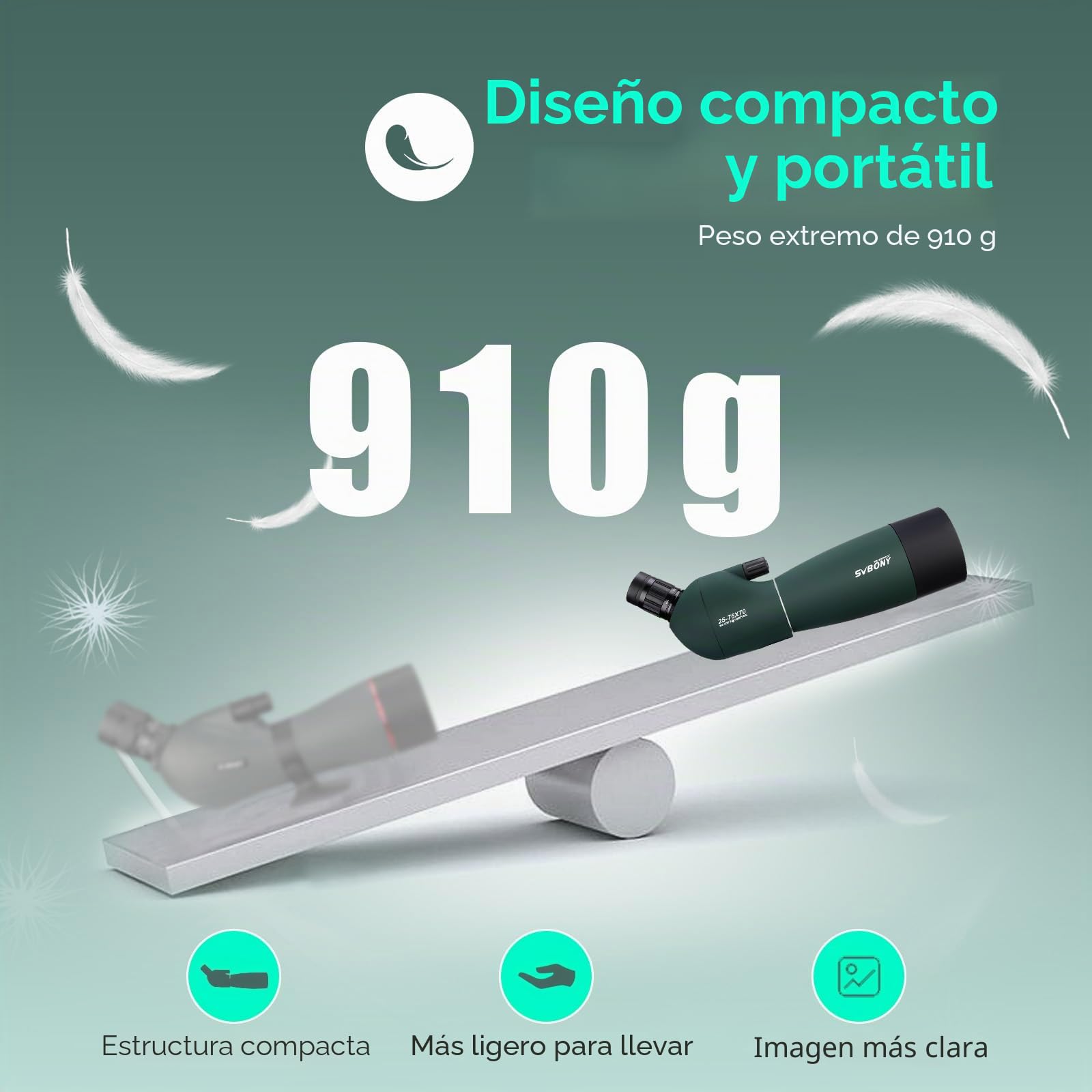 SVBONY, SV28, Telescopio de detección con trípode, ángulo de 25-75 x 70 mm con Adaptador de teléfono, Alcance Impermeable a Prueba de Niebla para observación de Aves o Vida Silvestre y Tiro al