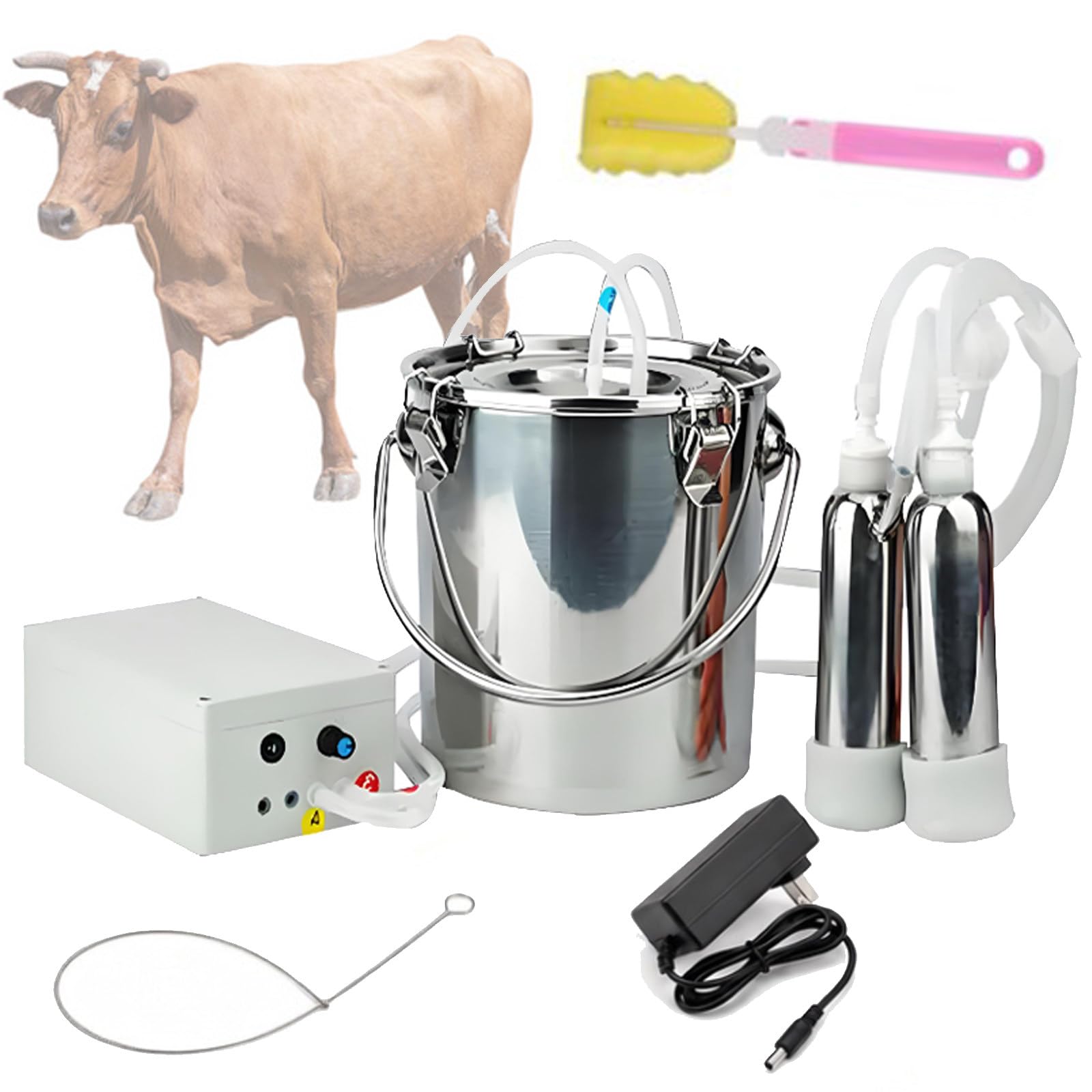 Mungitrice portatile da 3L/5L con secchio in acciaio inox, mungitrice elettrica per mucche e capre; kit di mungitura domestico per capre, pecore e mucche, adatto a fattorie, allevamenti Cow-5L