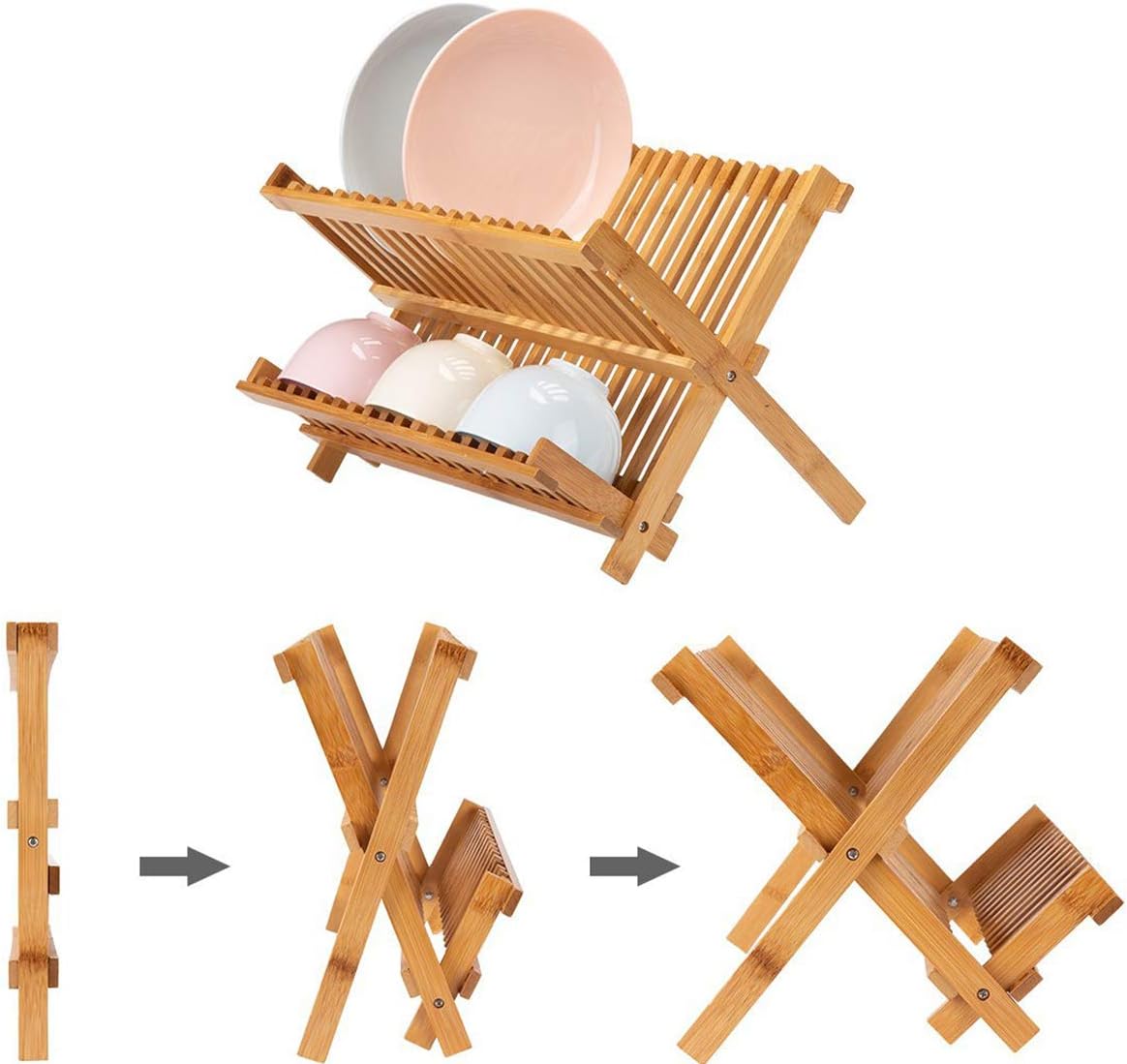 Lawei Collapsible Bamboo Dish Drying Rack - Plate Holder Dish Rack Cup Drying Strainer for Dish, Plate, Bowls, Cup - Image 4