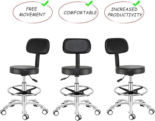 Miniatura 7 de Antlu Taburete ajustable con ruedas y respaldo para oficina, tienda, cocina, salón médico, taburete giratorio con ruedas y respaldo (negro, con