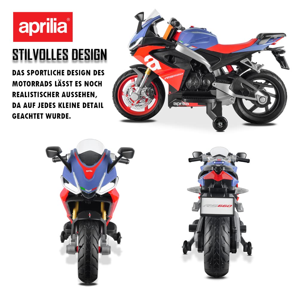 Kinder Elektro-Motorrad Aprilia RS660 12V Batterie MP3 Realistischer Sound und Lichter mit Stützräder 3-8 Jahre (Schwarz)