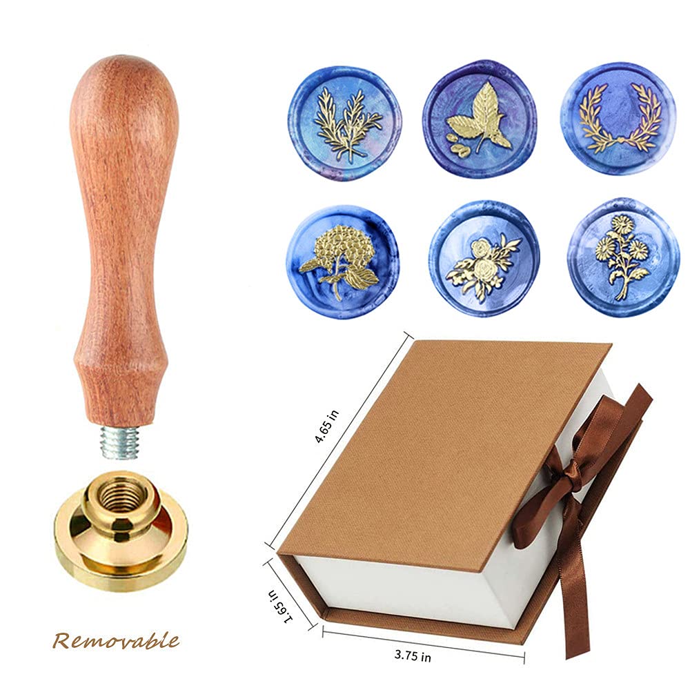 Juego de sellos de cera para plantas con 6 cabezales de latón extraíbles y 1 mango de madera, sellos de cera retro de romero para decoración de sobres de invitación de boda