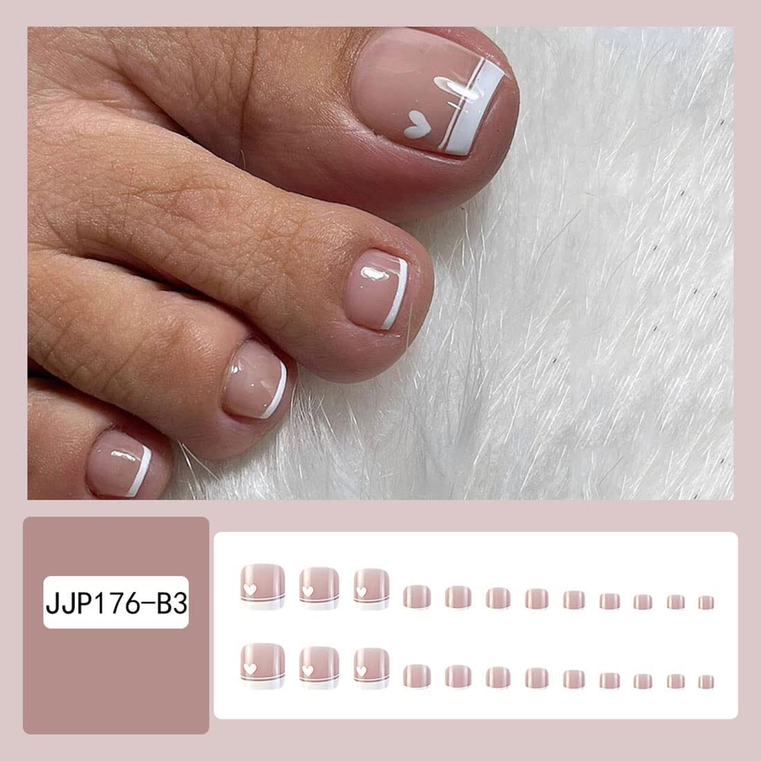Cubahop 24pcs French Square Fake ToeNails Nude False Toenails Heart Love Glossy Toe Nail Tips for Women and Girls (Nude 3) - Image 4